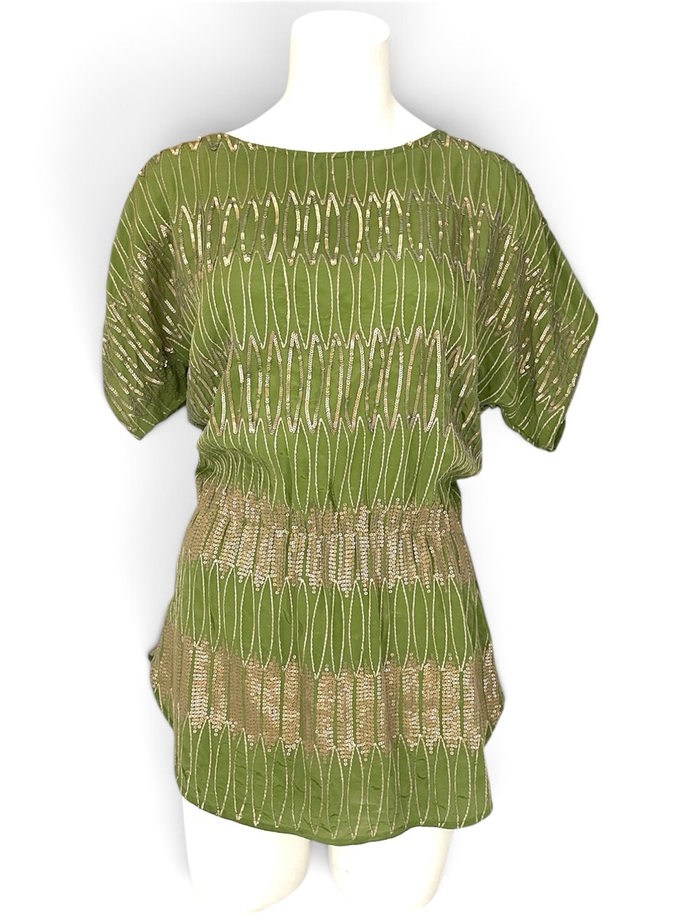 Anthropologie Namrata Joshipura Green Silk Shimmer Gold Sequined Tunic, XS